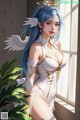 Anime girl with blue hair and angel wings posing by a window.