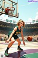 A woman in a green uniform playing basketball on a court.