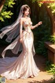 A woman in a wedding dress standing in the woods.