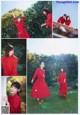 A collage of photos of a woman in a red dress.