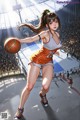 A woman in an orange and white uniform holding a basketball.